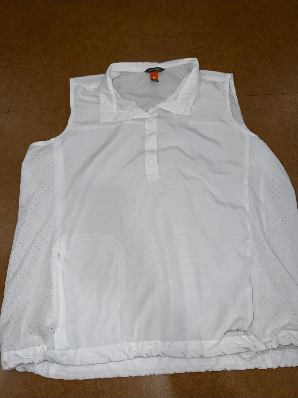 Eddie Bauer White Sleeveless Golf Polo w Snap Buttons • Zipper Pocket • Cinch